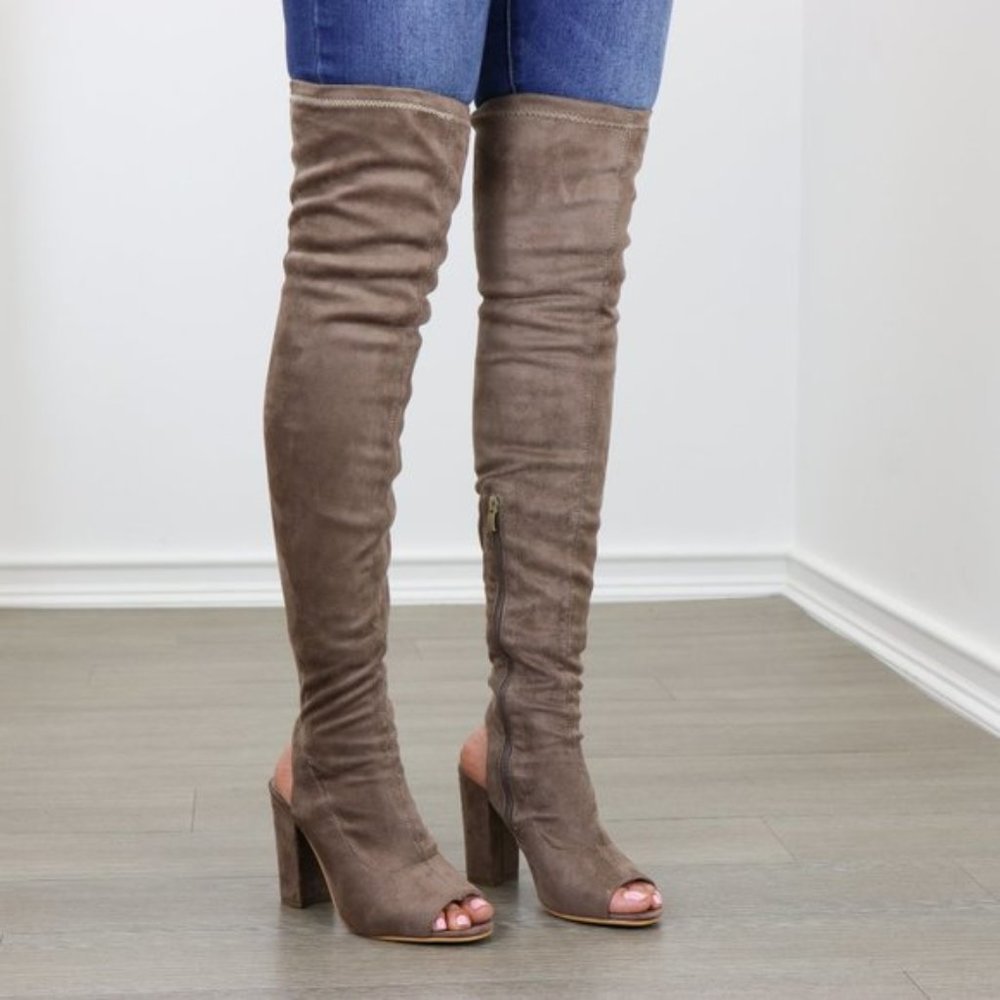 Suede Thigh High Peep Toe & Heel Chunky Heel Boot